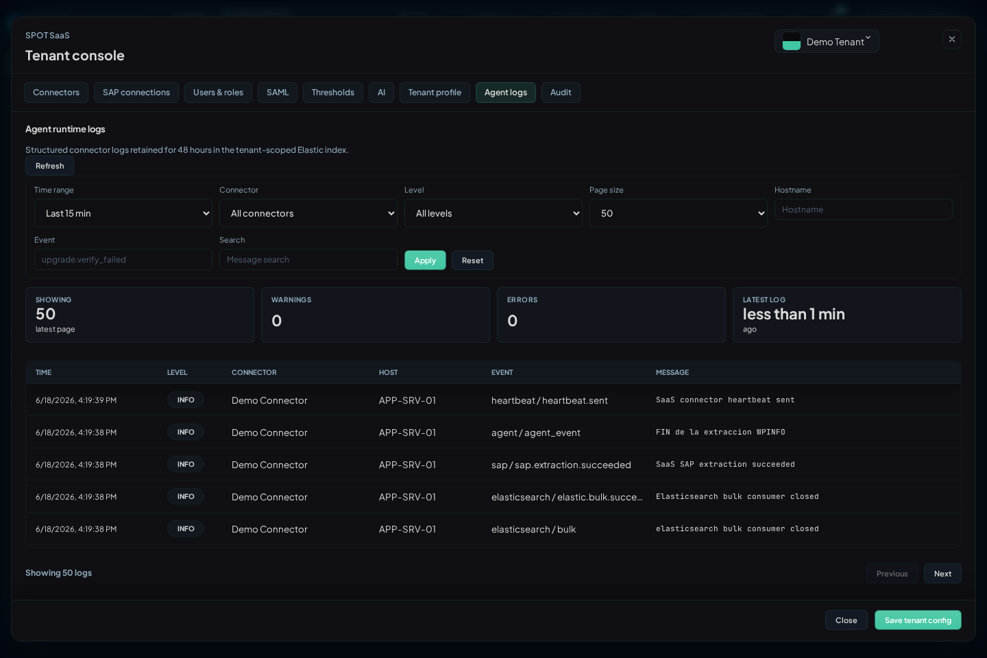 Agent logs in Tenant console