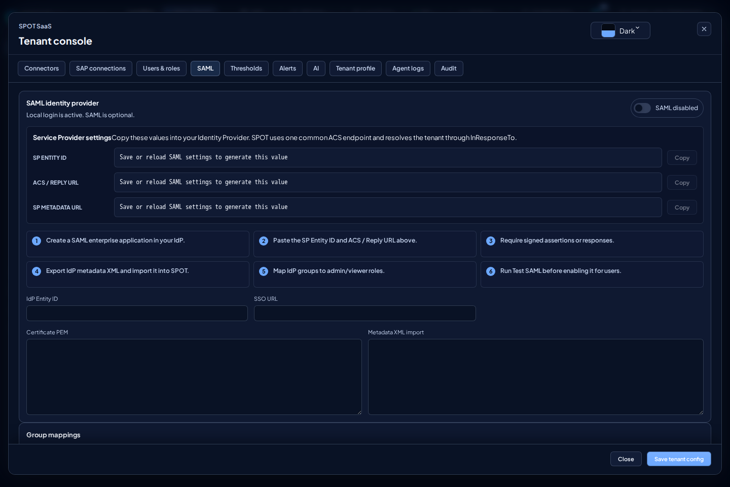 SAML in Tenant console